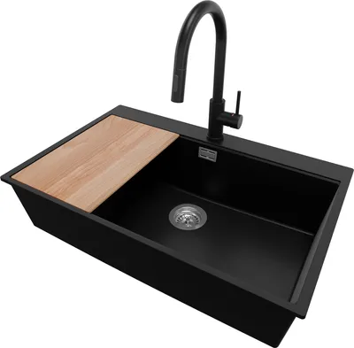Produktbild von PRIMAGRAN Granitspüle Schwarz 78x50cm, Spülbecken 1 Becken + Küchenarmatur 40x20cm + Ablauf-Set + Schneidebrett, Küchenspüle ab 80er Unterschrank - Oslo