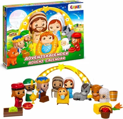 A Christmas nativity scene advent calendar box and its contents displayed.