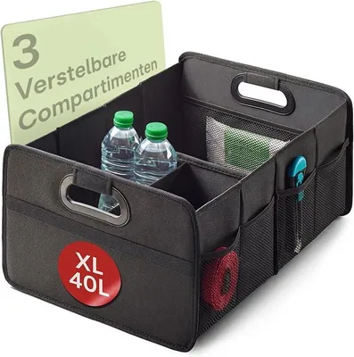 Produktbild von PolkaHome® Kofferraum-Organizer XL faltbar Schwarz – Aufbewahrungsbox mit Fächern