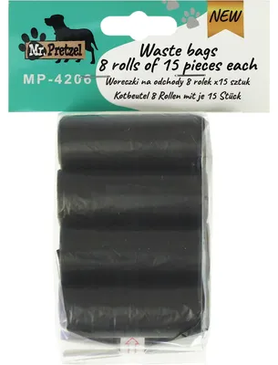 Obrázek produktu pro Robustní sáčky na psí exkrementy, balení 8 kusů, po 15 kusů v balení, značka Mr. Pretzel