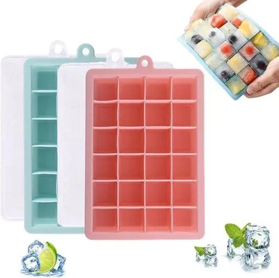 Obrázek produktu pro Silikonová forma na kostky ledu s 24 přihrádkami, bez BPA, velká, čtvercová, stohovatelná, snadno otevíratelná, vhodná na whisky, koktejly, pivo, led, čaj, kávu