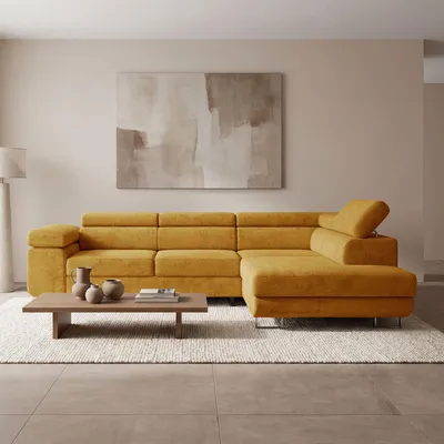 Produktbild von EZIMPAZ Ecksofa MONTANA Cord L-Form mit Schlaffunktion, Bettkasten und verstellbaren Kopfstützen, Gelb, Rechts