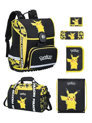 Produktbild von Gelber Pokemon Schulranzen mit Pikachu Motiv - Set 6-teilig mit Sporttasche - Pokémon Schultasche Ergonomisch, Leicht, Kompakt für 1. bis 4. Klasse