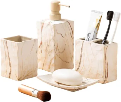 Produktbild von Badaccessoires Set 4-teilig, Keramik, marmorbraun, für Badezimmer