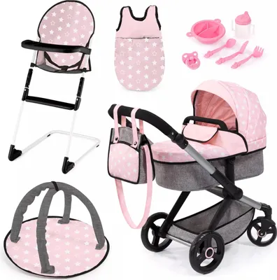 A collection of doll accessories including a stroller, high chair, sleeping bag, and feeding set, all with a pink and white star pattern.