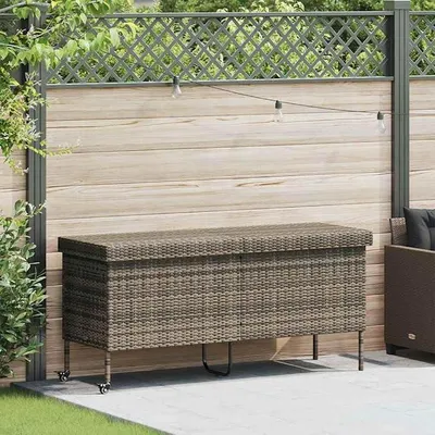 Immagine prodotto di Cassetta portaoggetti per esterno con ruote, grigia, 160x55x75 cm, in rattan sintetico resistente alle intemperie. Contenitore impermeabile, con possibilità di chiusura a chiave, resistente ai raggi UV, ideale per giardino, terrazza, balcone, per riporre cuscini, accessori per la piscina e altro
