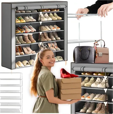 Produktbild von Textil-Schuhschrank, 6 Ebenen, geräumig, Metallregal, grauer Rahmen