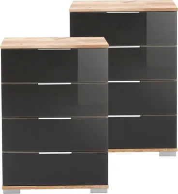 Produktbild von Schlafzimmer Nachttisch 2er Set, auch für Boxspringbett geeignet, in Plankeneiche Nb. mit grauem Glas ELSTRA-43, B/H/T ca. 52/74/38 cm