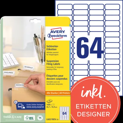 Produktbild von Avery Zweckform L6021REV-25 Sichtreiter-Etiketten, 45,7 x 16,9 mm, 25 Blatt/1.600 Etiketten, weiß