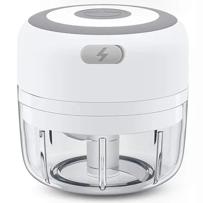 A white and gray electric mini chopper with a clear container.