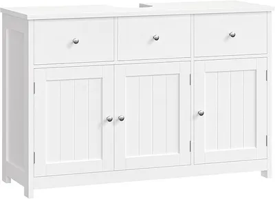 Image de Meuble sous-lavabo de 100 cm de large, avec 2 tiroirs | Meuble de salle de bain avec 3 portes, meuble de rangement pour salle de bain à placer sous le lavabo, meuble sous-lavabo pour salle de bain, dimensions : 100 x 30 x 61 cm