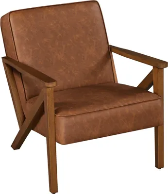 A brown leather armchair with wooden legs is shown against a white background.