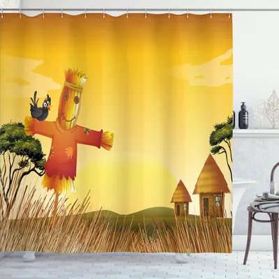 Obrázek produktu pro ABAKUHAUS venkovský sprchový závěs, kreslený motiv venkovské krajiny se západem slunce, farmami a vránou na strašáku, 175 x 220 cm, vícebarevný