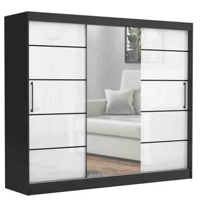 Produktbild von Schwebetürenschrank TOMY, 2-türig Schrank, SCHWARZ / WEIß HOCHGLANZ, 235 cm Kleiderschrank mit 4 Schubladen, Spiegel, Kleiderstangen und Regalen