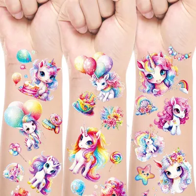 Produktbild von 15 Blätter Einhorn Tattoos Kinder, Glitzer Tattoo Set Mädchen ab 5 Jahre, Hautfreundlich, Mitgebsel Kindergeburtstag