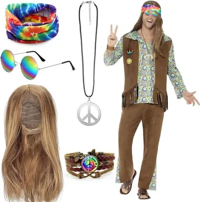 Produktbild von BIQIQI Hippie Kostüm Set Friedenszeichen Ohrringe Armband Festivals 70er Jahre Party