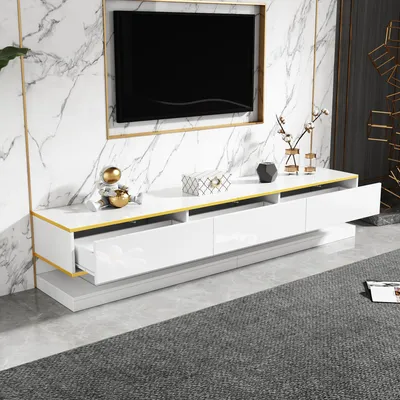 Produktbild von STILVORA TV-Schrank mit 3 Schubladen und großem Stauraum, Lowboard mit Hochglanz-Design, Fernsehtisch mit goldener Kante und warmweißer Farbe