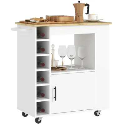 Produktbild von Küchenwagen, Rollbare Kücheninsel, Küchen-Trolley mit Fächern, Weinregalen, Schrank und Arbeitsfläche, Weiß