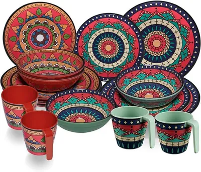 Imagen del producto de Juego de vajilla de melamina Toscana, color rojo y verde, para 4 personas, ideal para camping y picnics