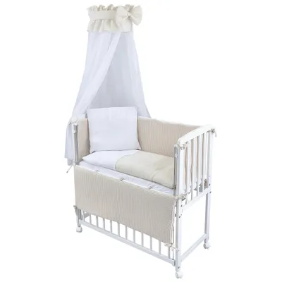 Produktbild von Baby-Delux Beistellbett Stillbett Babybett 90x40 weiß inkl. Matratze Bettwäsche Set komplett Waffelpique Musselin Beige