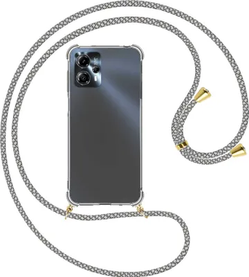 Produktbild von Handykette Backcover-Schutzhülle mit Band (Metall goldfarben) für Motorola Moto G13, Moto G23 (6.5'') - weiß/grau kariert