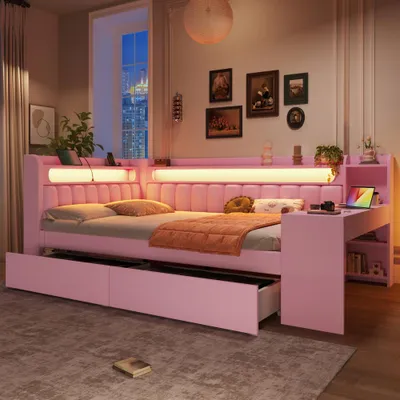 Produktbild von Rosa Tagesbett mit Polsterung, USB-Ports & LED-Streifen, inklusive Schreibtisch und ausziehbarem Bett - 140x200 cm