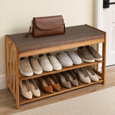 Produktbild von Schuhbank aus Holz, 2-stöckige Sitzbank für den Eingangsbereich,Schuhregal mit Kissen für Eingang,Flur,Schlafzimmer 70X27X45cm