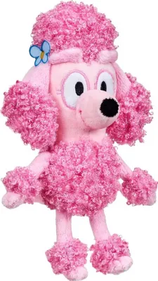 A pink plush toy poodle with curly fur and a blue flower accessory.