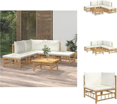 Produktbild von vidaXL 6-tlg. Garten-Lounge-Set mit Cremeweißen Kissen Bambus -  Gartenmöbel-Sets