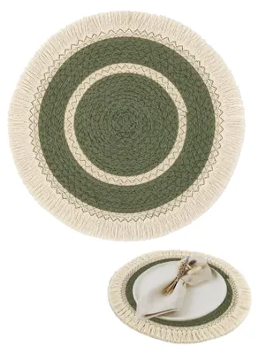 Produktbild von Platzsets Boho Rund mit Fransen 28cm, Geflochtene Dekorationsunterlage Tischdeko Seegras, Grün 2 Stück