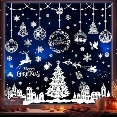 Produktbild von Verwijderbare PVC-Kerststickers, 244 Stück, große Weihnachtsbilder, PVC, Schneeflocken, Rentierbilder, für Weihnachtsdekoration
