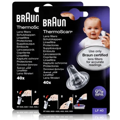 Packaging for Braun ThermoScan lens filters, featuring a baby.