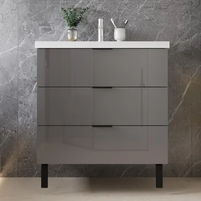 Produktbild von 80 cm Badmöbel-Set Unterschrank mit Mineralguss waschtisch 3 Schubladen und 2 Füßen Hochglanz Anthrazit soft-close Selbstmontierter