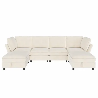 Produktbild von Modulares U-/L-Ecksofa 6-Sitzer mit Stauraum-Hocker, Chenille, Beige, frei kombinierbar