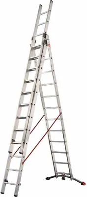 Productafbeelding van Hailo S100 ProfiLOT: 3-delige aluminium combileiter met lottensysteem - corrigeert oneffenheden - 3 x 12 geprofileerde treden, belastbaar tot 150 kg - aluminium ladder, gemaakt in Duitsland - roestvrij - zilver