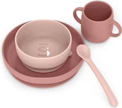 Produktbild von Suavinex, Kindergeschirr Set, Baby-Essensset, Silikongeschirr, Kinderteller mit Saugnapf. Teller + Schüssel + Löffel + Tasse. Lebensmittelgerechtes Silikon, Spülmaschinenfest, Mikrowellengeeignet Rosa