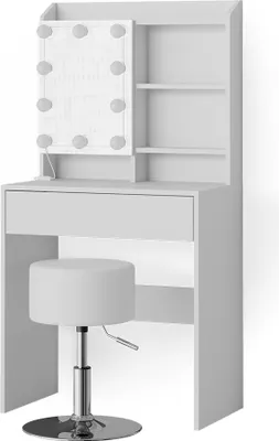 A white vanity table with a mirror and LED lights, and a matching stool, shown against a white background.