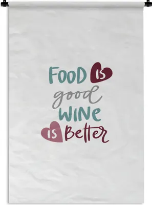 Produktbild von MuchoWow® Wandteppich Wandbehang Sprichwörter - 'Essen ist gut, Wein ist besser' - Zitate - Herz 90x135 cm Tapisserie Dekoration Wandtuch - Baumwolle - Wandskulptur