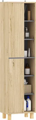 Produktbild von Säulen-Badezimmerschrank mit 6 offenen Fächern und 2 Schränken Naturholz