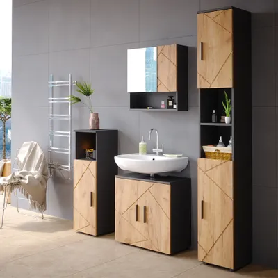 Produktbild von Badmöbel-Set Vicco Irma Goldkraft Eiche/Anthrazit 4 Teile, mit Hochschrank, Model 36812