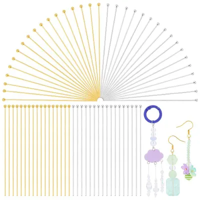 Image de Tiges à tête sphérique pour la fabrication de bijoux – Plaqué or 24 carats et argent sterling 925 – 100 pièces – Longueur de 2 pouces (environ 5 cm) – En laiton de calibre 22 – Pour bracelets et boucles d'oreilles