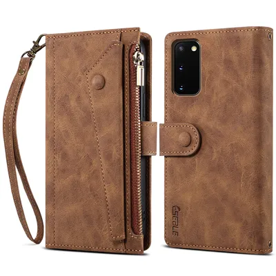 Obrázek produktu pro Ochranné pouzdro pro Samsung Galaxy S20 / S20 5G, kožené pouzdro na zip, skládací peněženka s přihrádkou na karty, stojánek a poutko Hnědý