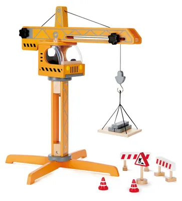 Produktbild von Hape Großer Baukran – Holz Baukran Spielset mit Zubehör & Absperrungen, Kranfahrzeug für Rollenspiel und Baustelle, für Kinder ab 3 Jahren