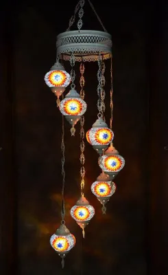 Obrázok produktu pre Závesná lampa z modrého skla s farebnou mozaikou, orientálna lustrová lampa, 7 sklenených gúľ, ručne vyrobená v Turecku