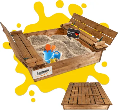 Produktbild von Sandkasten Holz 115x114cm mit Abdeckung und Sitzbänken, braun imprägniert