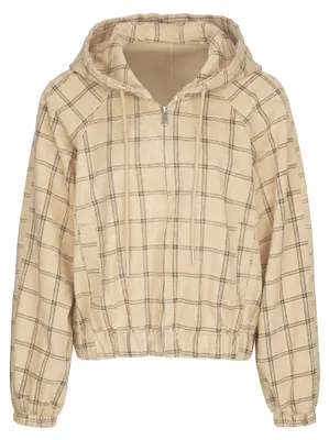 Produktbild von Lässige Damenjacke beige Größe M mit Kapuze, Reißverschluss und Vintage-Karomuster
