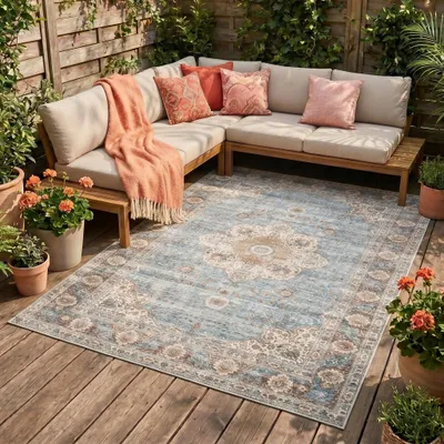 Produktbild von Volero - Outdoor Teppich Vintage - Kairo Medaillon Hellblau Creme - 120x170 cm - Wohnzimmer, Esszimmer, Balkon, Garten, Terrasse - Retro