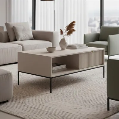 Productafbeelding van Salontafel Kioto, 104 cm, kasjmierbeige en zwart – 2 lades, ribbelstructuur aan de voorkant, gouden handgrepen, dubbelzijdig