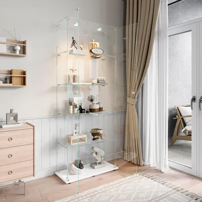 Image de Vitrine en verre - Vitrine sur pied - Double porte - 5 étagères - Éclairage tactile - Socle blanc