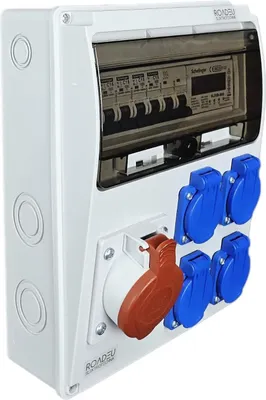 Produktbild von RoadEu Wandverteiler Baustromverteiler mit Stromzähler. CEE Steckdose 16A und 4x Schuko 230V. Stromverteiler mit Zähler und Leitungsschutzschalter